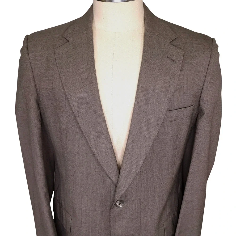 Burberrys Sport Coat Mens 43L Wool Beige Taupe Plaid Jacket Lined Blazer Vintage